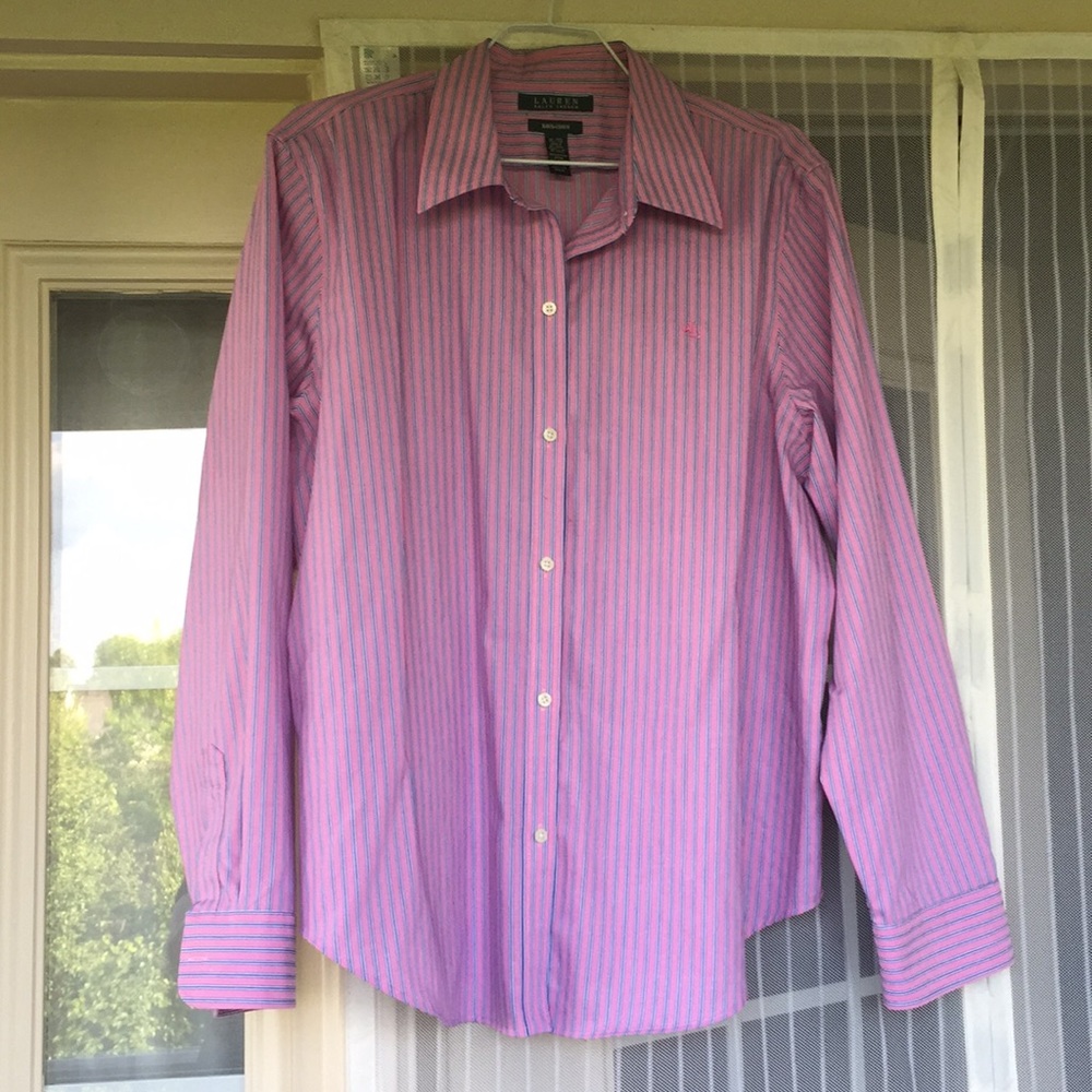 EUC Ralph Lauren Non-iron button down pink blue